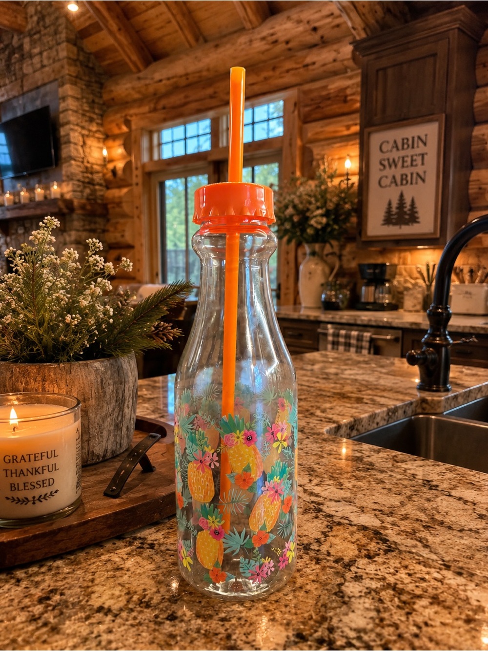 Orange Pineapple Plastic Straw Bottle - Unbranded